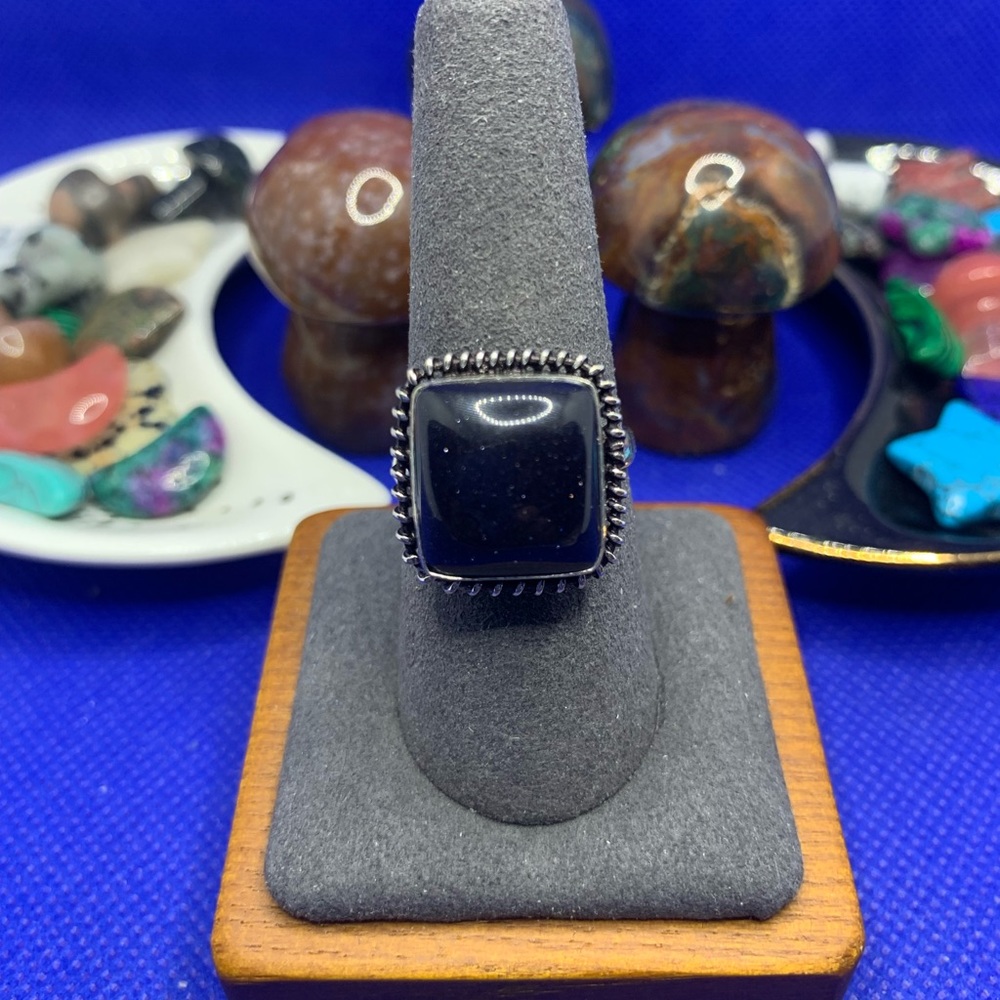 Sparkling Blue Goldstone Ring! .925 Sterling Silver Plated, Size 8.5